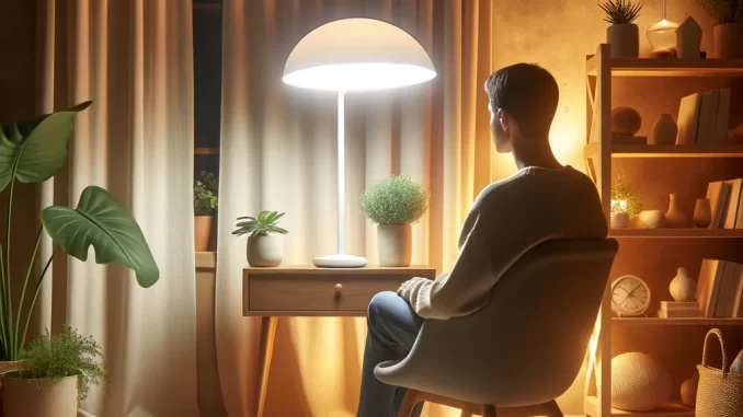 un homme assis devant un bureau sur lequel est posée une lampe de luminothérapie
